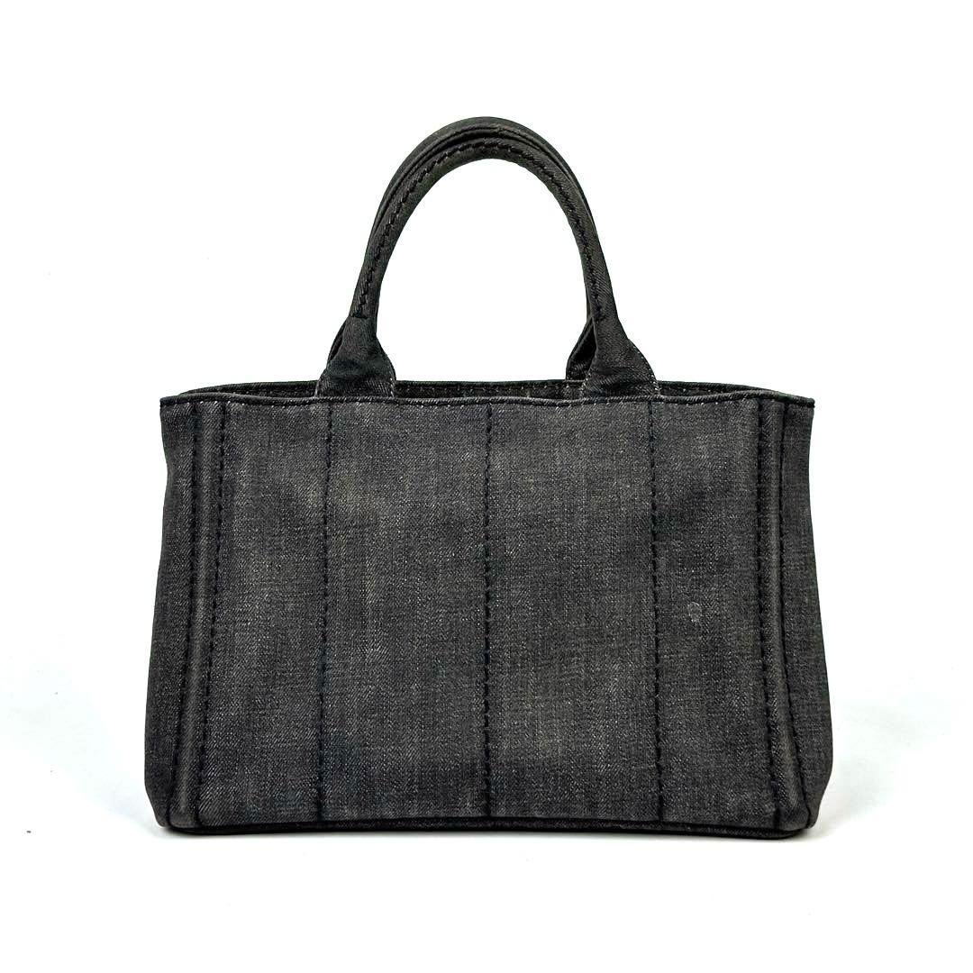 【美品】プラダ　カナパ　ハンドバッグ　三角ロゴ　ゴールド金具　デニム　グレー